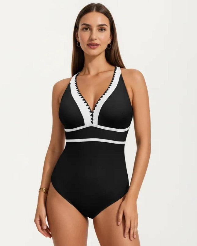One Piece Swimsuit with Deep V Neck Contrast Trim and Sculpted Waist Design