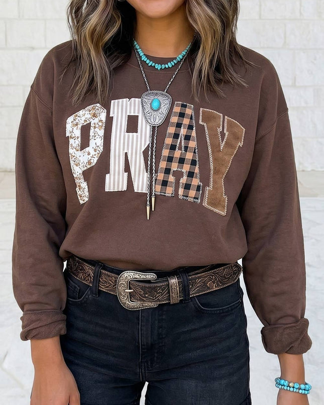 PRAY Letter Embroidered Western Pullover Sweatshirt S-4X
