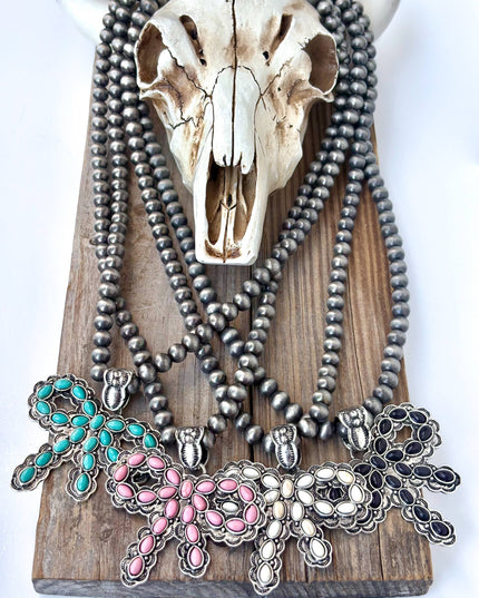 7MM Western Navajo Pearl Coquette Bow Stone Pendant Necklace