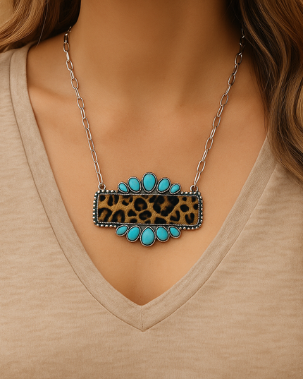 Sunset Standoff Necklace – Turquoise & Leopard Western Statement Piece