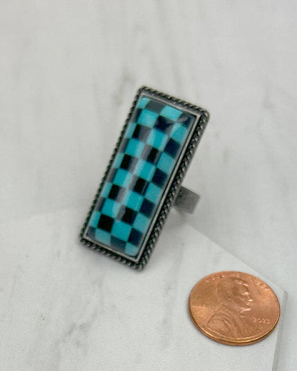 RIZ240537-01         Silver metal checker print bar Ring