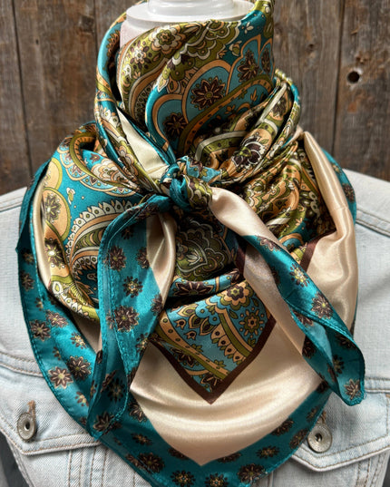 35X35" Teal and Cream Giant Paisley Wild Rag / Scarf WR1027