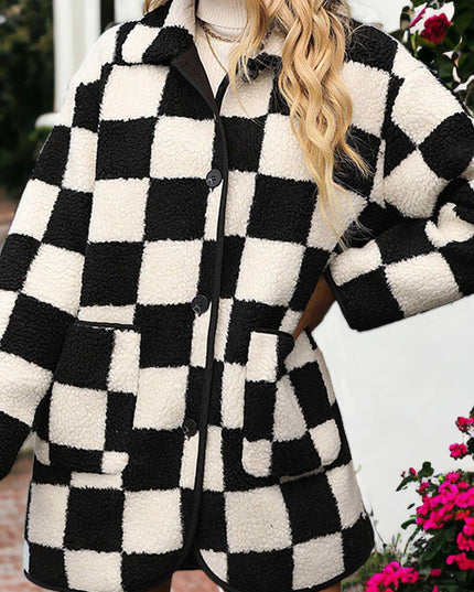Fuzzy Plaid Pattern Button Down Coat