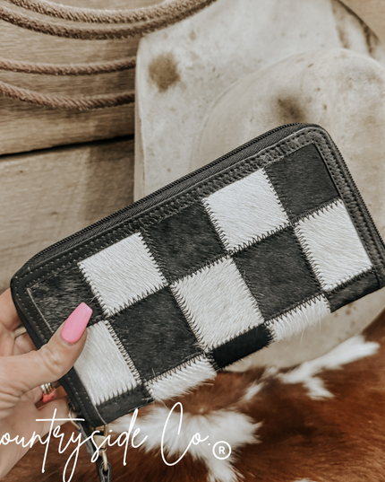 Checkered Cowhide Womens Wallet Wristlet Trendy