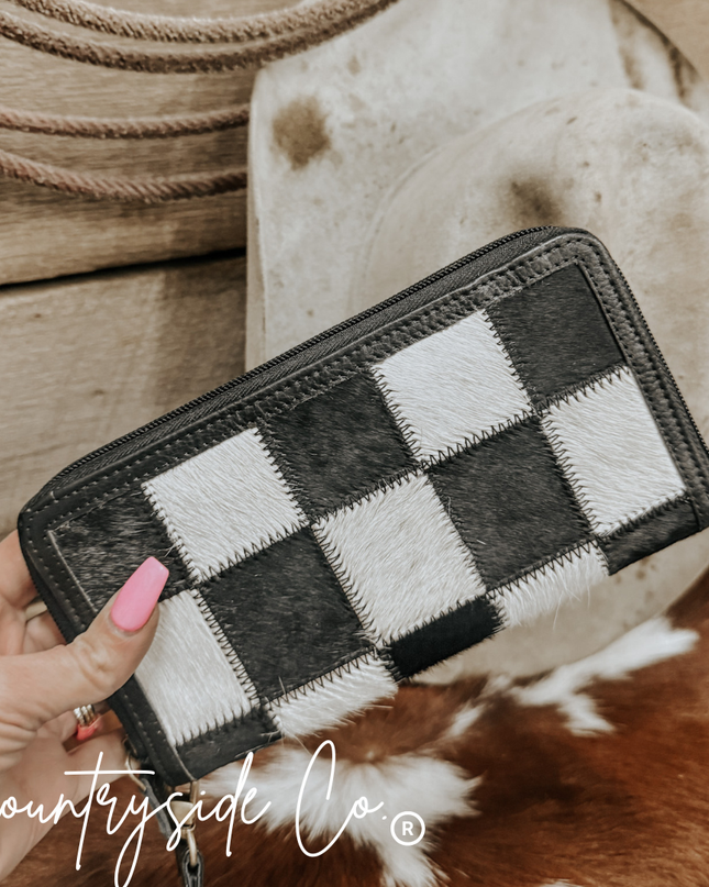 Checkered Cowhide Womens Wallet Wristlet Trendy