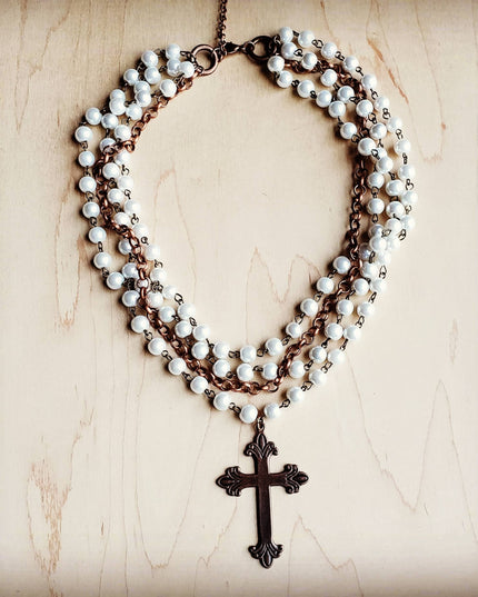 Pearl and Copper Beaded Collar Necklace with Copper Cross