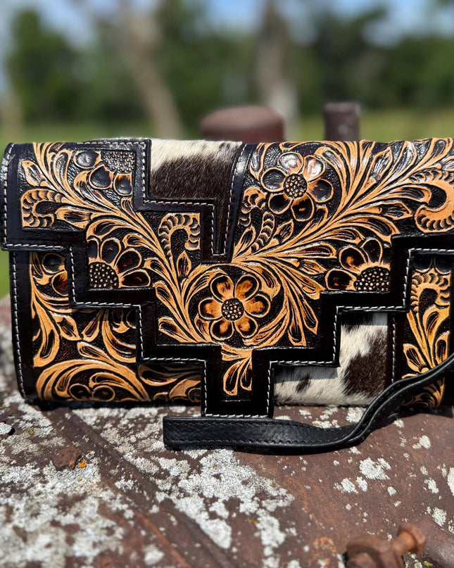 Genuine Western Cowhide Leather Purse or Clutch with cowhide and tooled details a Double B Wild Rags Exclusive