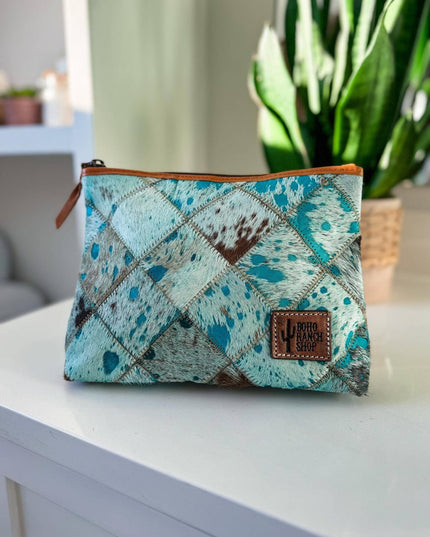 Checkered Western Cowhide Makeup Bag Travel