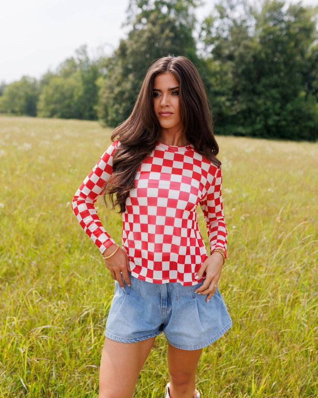 Red Checkerboard Mesh Top