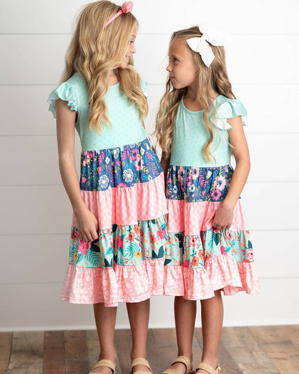 Girls Ava Mint Pink Spring Summer Easter Floral Tiered Dress