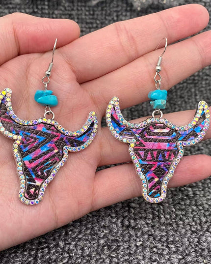 Western Style PU Leather Rhinestone Ox Head Earrings - WJ