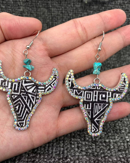 Western Style PU Leather Rhinestone Ox Head Earrings - WJ