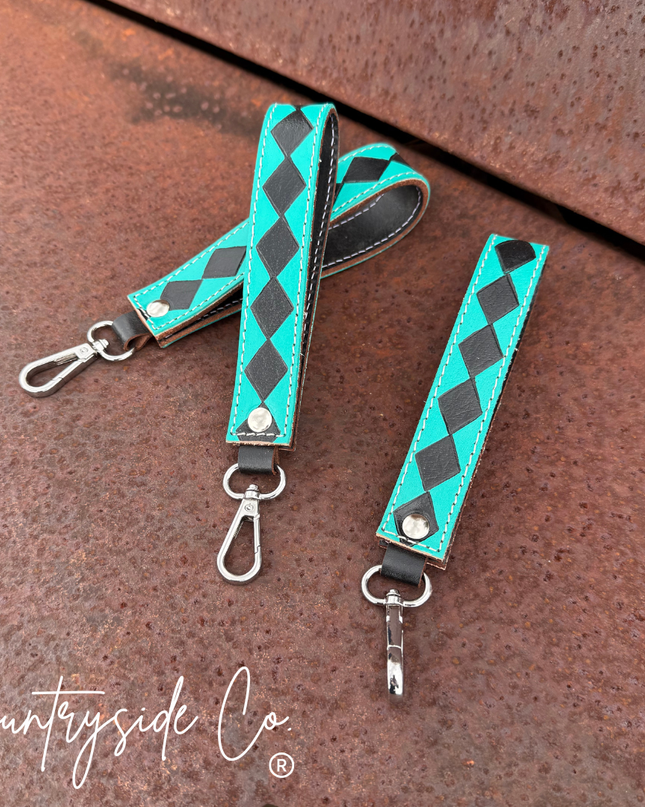Turquoise Checkered Leather Keychain Wristlet
