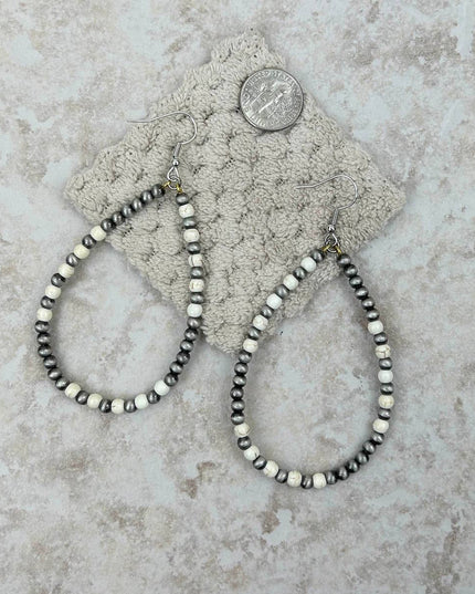 ER190810-08-WHITE-SILVER     "Silver Navajo pearl with white stone beads  teardrop hoop Earrings"
