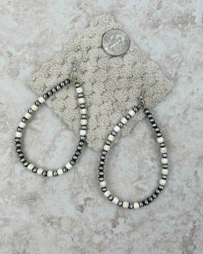 ER190810-08-WHITE-SILVER     "Silver Navajo pearl with white stone beads  teardrop hoop Earrings"