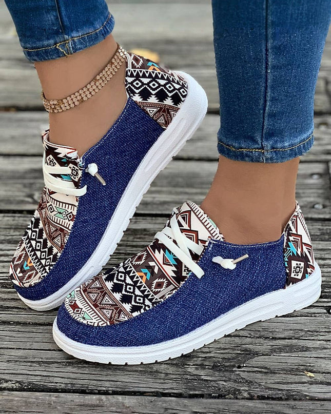 Vintage Western Patchwork Lace-up Decor Flat Shoes