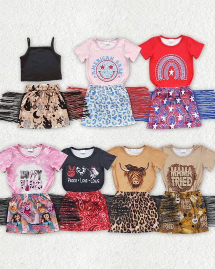 Sibling Baby Girls Western Top Tassel Skirts Outfits Sets