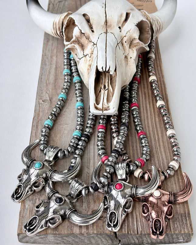 Western Style Navajo Pearl Bead Steer Head Pendant Necklace