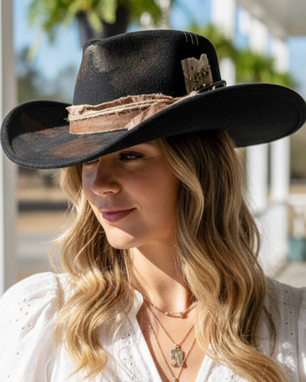Distressed Fabric Band Rustic Cowgirl Fedora Hat