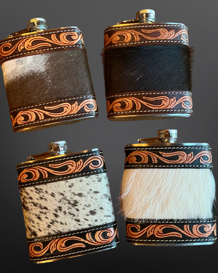 Cowhide Tooled Leather Western Flask