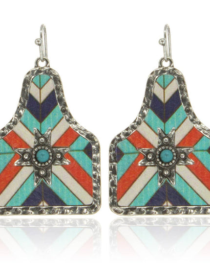 Aztec Pattern Cow Tag Hammered Metal Frame Leather Earrings