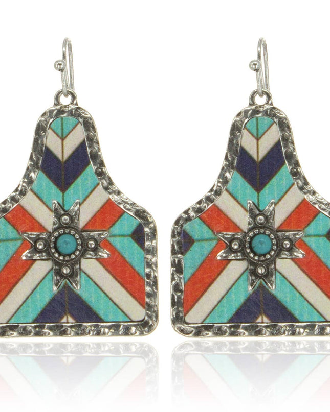Aztec Pattern Cow Tag Hammered Metal Frame Leather Earrings