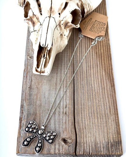 Western Style Embossed Coquette Bow Pendant Necklace
