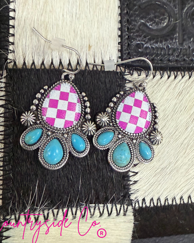 Punchy Western Pink Checkered Dangle Earrings