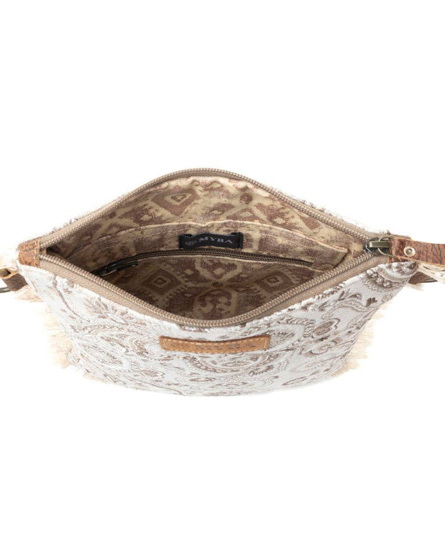 Loom Tapestry upcycled canvas crossbody Bag for Women in sage with fringe detail