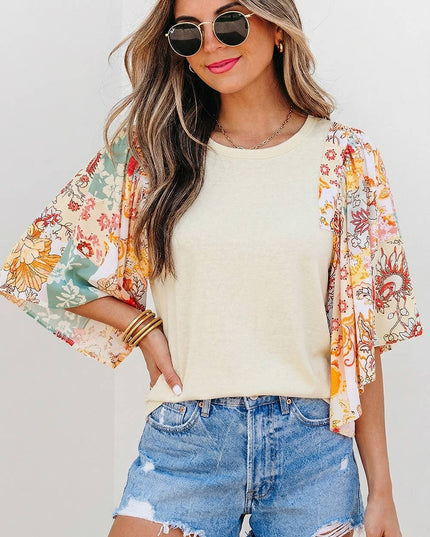 Floral Patchwork Half Batwing Sleeve Blouse | S-XL