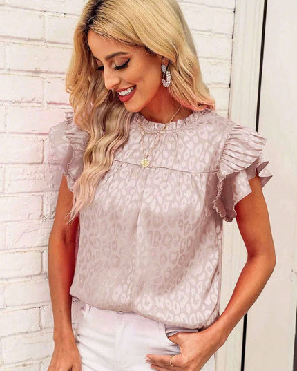 Women's Printed Lotus Leaf Sleeve Wavy Collar Top