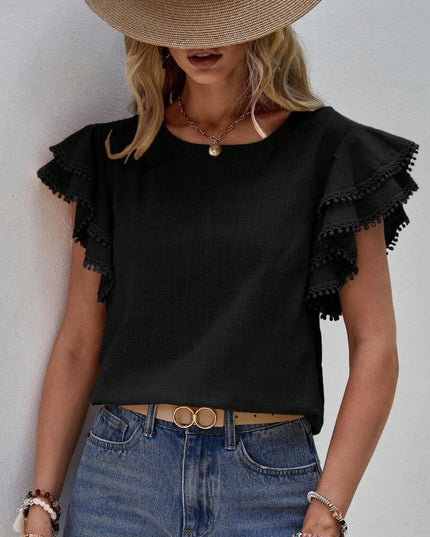 Casual Crew Neck Ruffle Batwing Short Sleeve Top