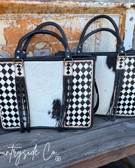 Tinsley Checkered Leather Cowhide Tote, Computer Bag