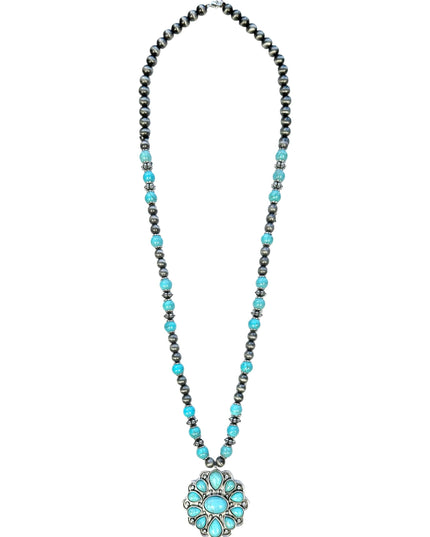 Silver and Turquoise Navajo Pearl Round Concho Pendant Necklace