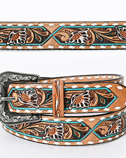 LC-ADBLF161 Tooled Leather Belt - White Daisy Floral with Teal Diamond Accents