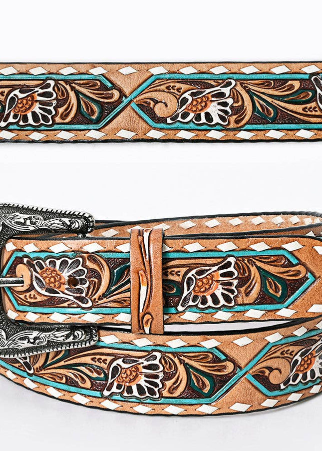 LC-ADBLF161 Tooled Leather Belt - White Daisy Floral with Teal Diamond Accents