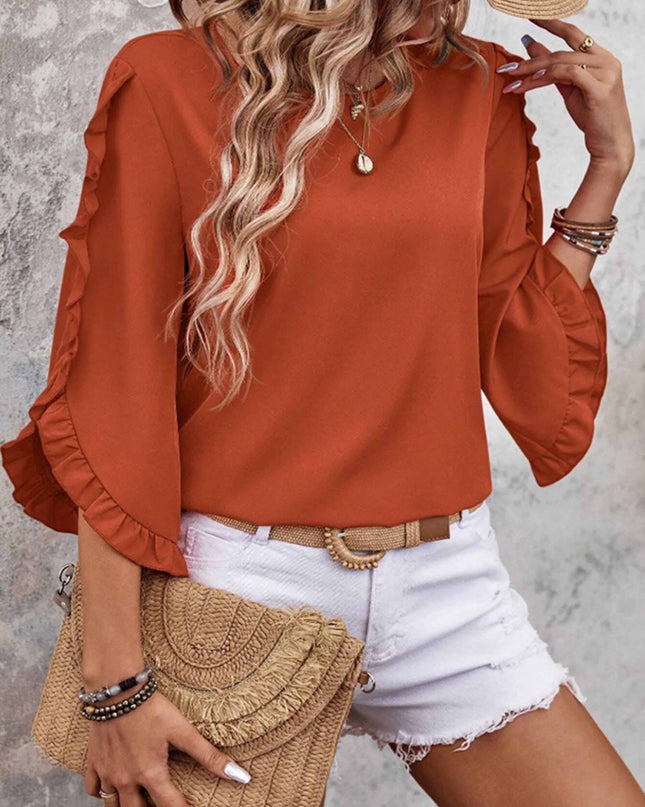Round Neck Lace Irregular Seven Quarter Sleeve Top