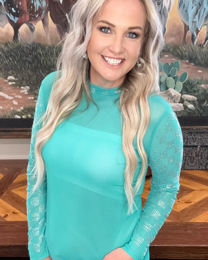 Checked In Turquoise Mesh Top