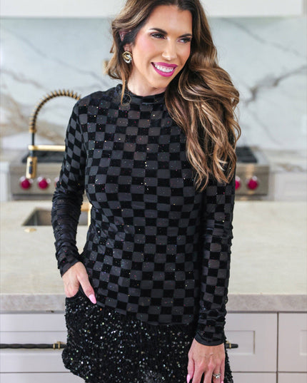 Times Square Velvet Mesh Top- Black Checkered