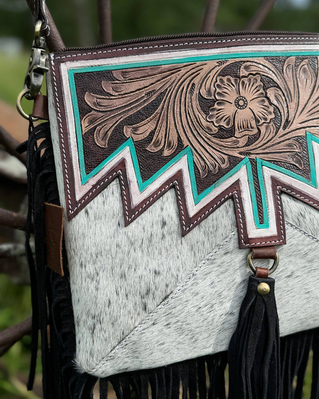 Genuine Western Cowhide Leather Purse and Wallet with jagged painted details and black fringe.