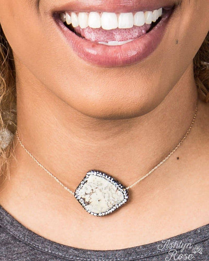 Cream Stone Pendant with Clear Crystal Accents on Gold Chain Choker