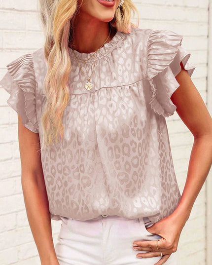 Printed Lotus Leaf Sleeve Wave Neck Women's Top