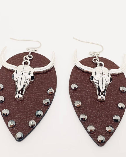 Western Style Metal Bull Head Pendant Leather Earrings