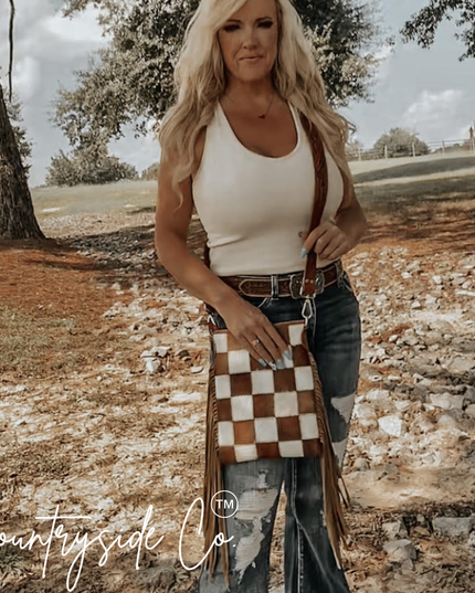 Stockdale Checkered Cowhide Fringe Purse, Brown & White