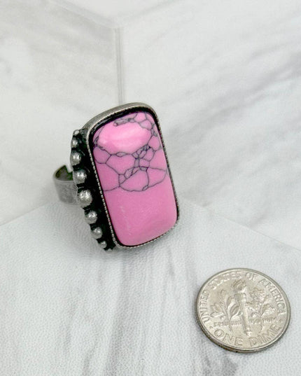 RZ231205-71                     Silver metal with blue turquoise rectangle stone adjustable Ring