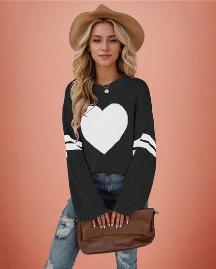 Loose-Fitting Color-Block Love Heart Round Neck Sweater