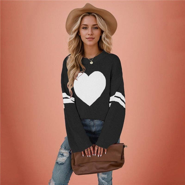 Loose-Fitting Color-Block Love Heart Round Neck Sweater