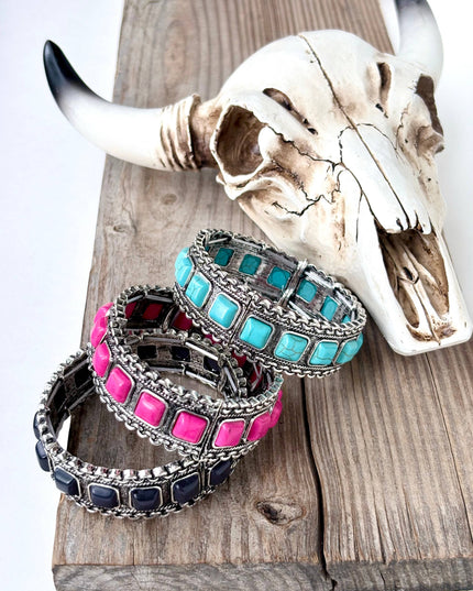 Turquoise Square Stone Studded Western Stretch Bracelet - Pink