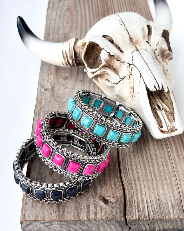 Turquoise Square Stone Studded Western Stretch Bracelet - Pink