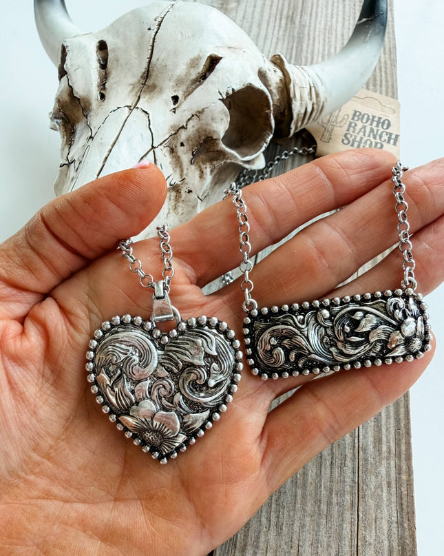 Western Style Engraved Heart | Bar Necklace